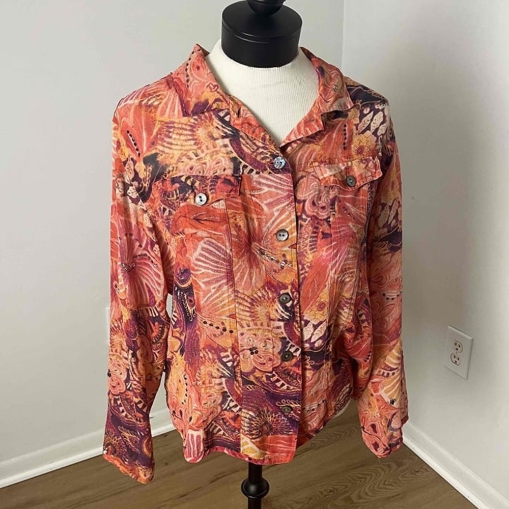 Chicos‎ Multicolor Floral Collared Button Down Silk Top Size Large - Picture 13 of 15